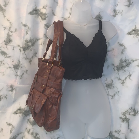 🎒 Brown Leather Like Shoulder Bag with Pockets and Buckles - Picture 8 of 11